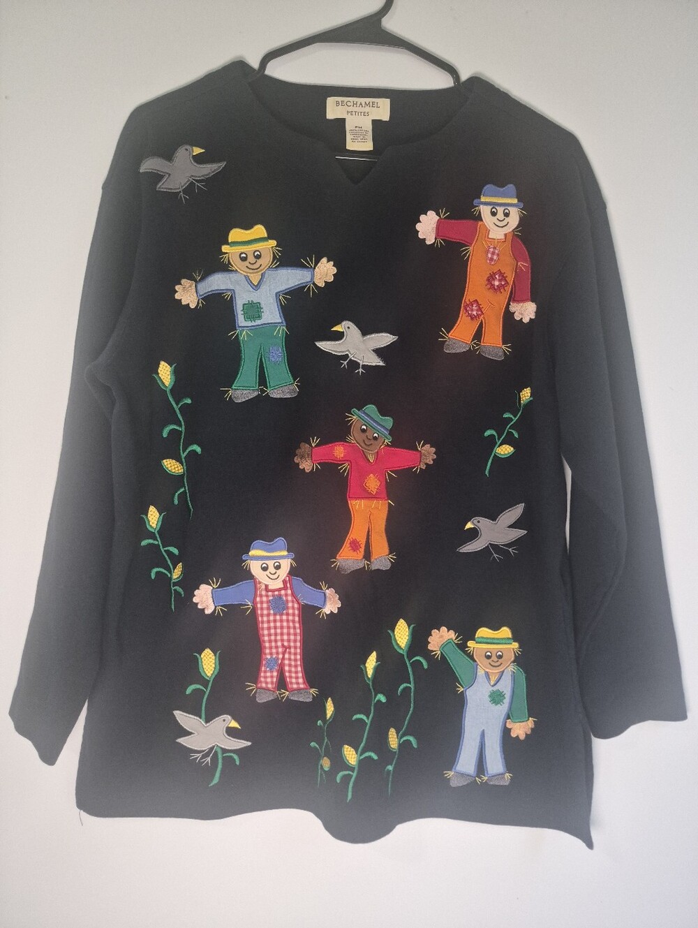 Vtg 90s Bechamel Petites Fall Scarecrow Embroidered Knit Top PM Whimsigoth Loose